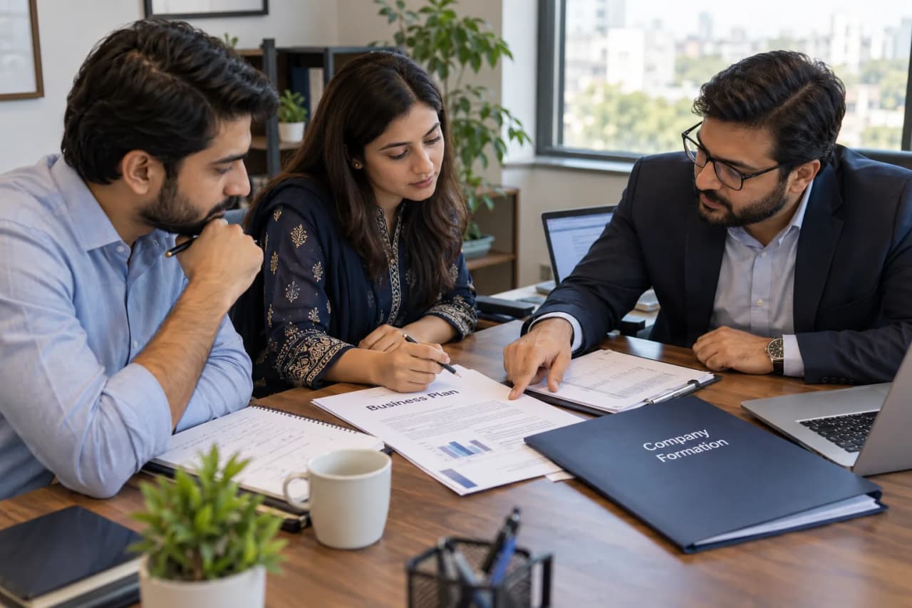 Company Founders and Incorporation Planning Meeting Illustrative Pakistani founders and corporate adviser reviewing a business plan and company incorporation documents