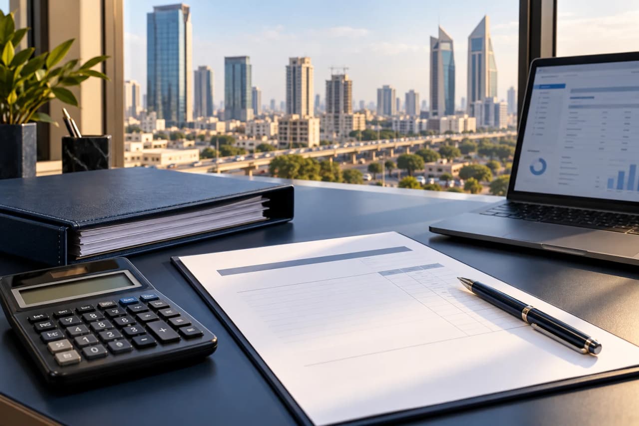 Karachi Company Incorporation Scope and Budget Planning Karachi company incorporation budgeting illustration with quotation sheet, calculator and corporate filing folder