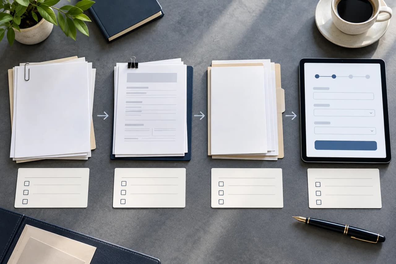Company Registration Preparation and Digital Filing Guide Company registration walkthrough illustration with ordered document groups, checklist cards and abstract digital filing screen