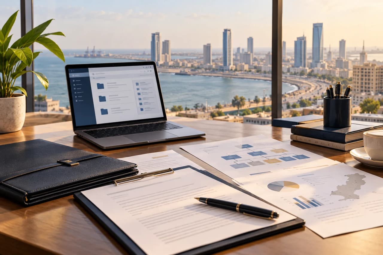 Karachi Founder Planning and Company Incorporation Karachi company incorporation illustration with founder records and digital filing workspace