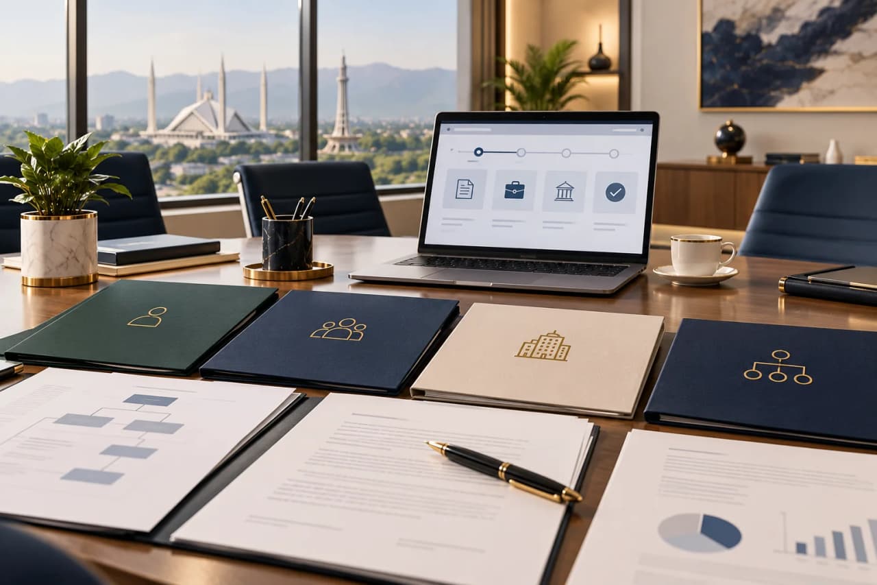 Company Formation and Founder Structure Planning Company formation illustration with founder records, ownership folders and digital incorporation workspace