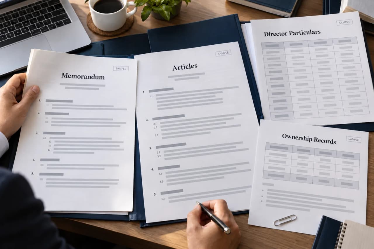 Sample company memorandum, articles, director particulars and ownership records