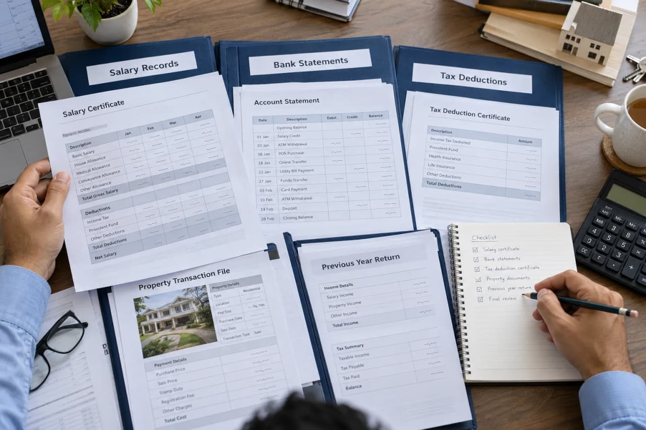 Sample salary, banking and tax deduction records being reviewed for income tax filing