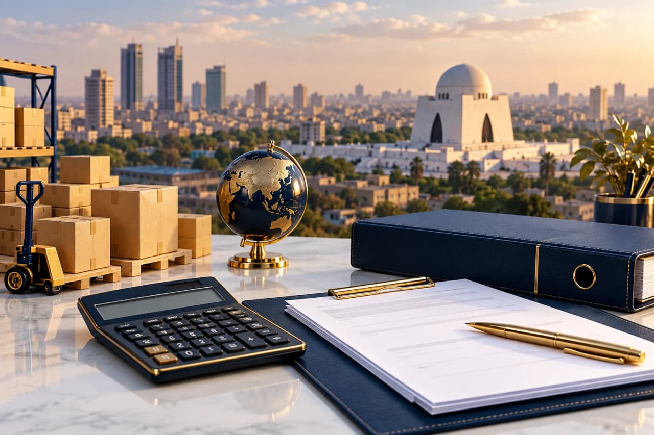 Sales Tax Registration in Karachi — Advisory Illustration Sales Tax Registration in Karachi: illustrative advisory setting with Karachi's Mazar-e-Quaid landmark.