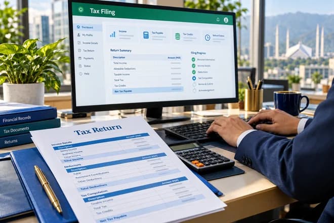 Online Tax Filing and Tax Return Preparation in Pakistan Online tax filing workstation with a green dashboard and blue tax-return paperwork