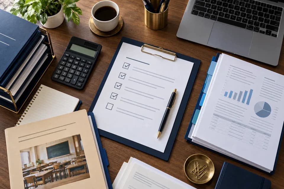 Tax Accounting and Corporate Compliance Records Tax compliance checklist beside accounting records and a calculator