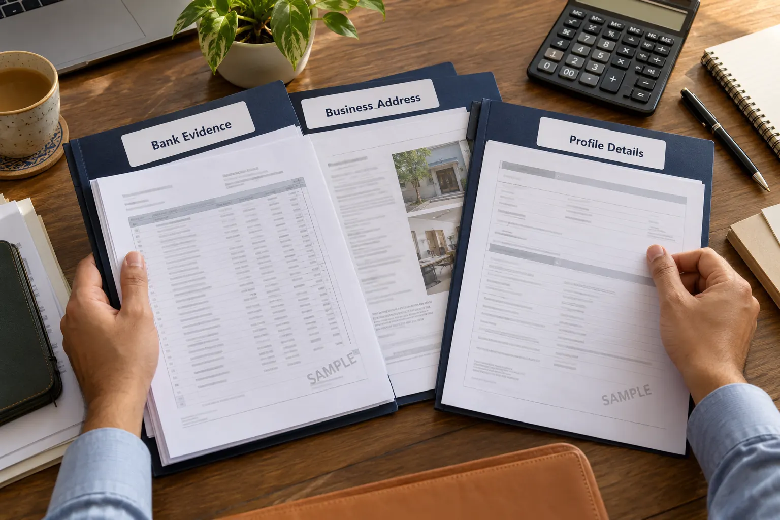 Documents prepared for NTN registration in Pakistan including bank and business address evidence