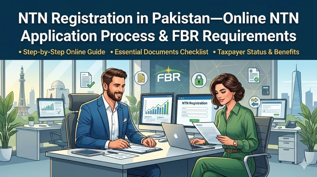NTN registration in Pakistan through the FBR IRIS online process. Complete NTN application guide, requirements, documents, and professional NTN registration services for salaried persons, businesses, and companies in Karachi, Lahore, and Islamabad.
