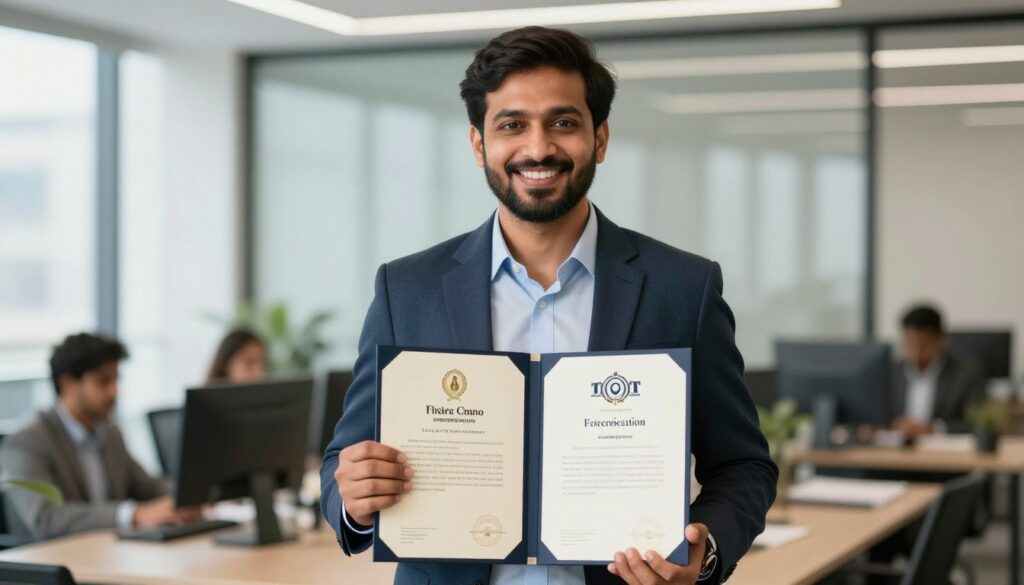 Business owner celebrating successful company registration with certificate in hand