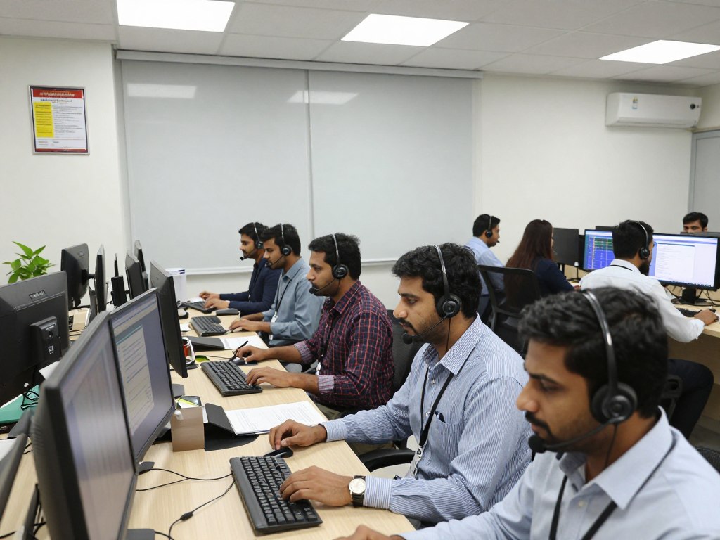 Call center facility in Karachi with agents working and PSEB compliance displayed