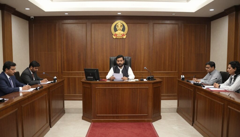 Courtroom litigation scene in Pakistani court