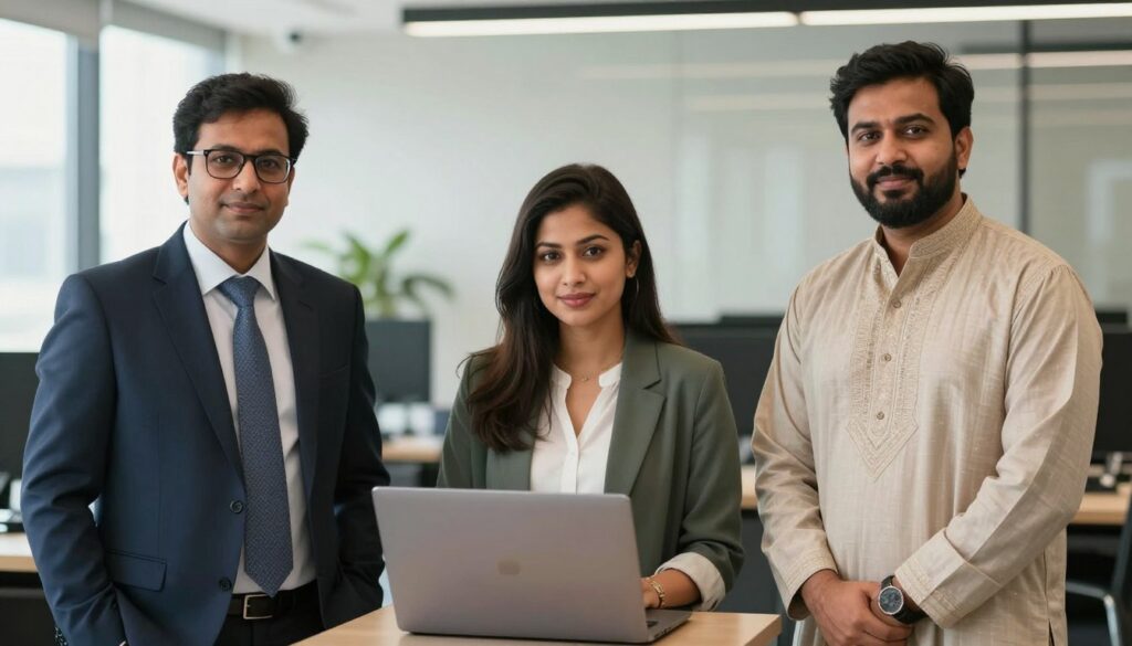 Diverse group of Karachi professionals - corporate executive, IT freelancer, and business owner - representing different tax filing needs