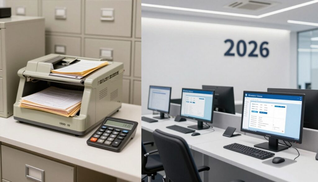 Evolution timeline showing progression from paper tax files in 1990s to modern AI-powered digital tax filing system