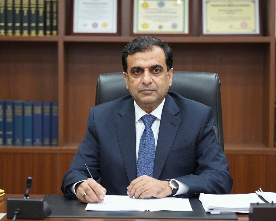 Experienced lawyer Akhtar Rizvi at Karachi office desk