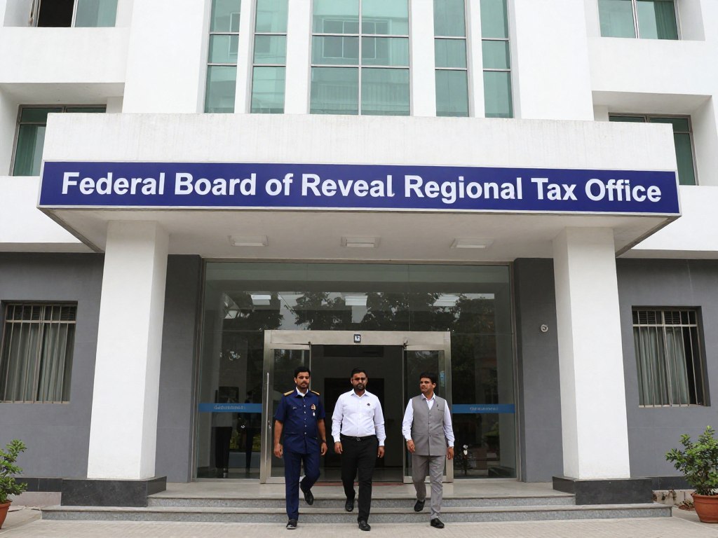 FBR Regional Tax Office Karachi exterior with taxpayers entering modern government building