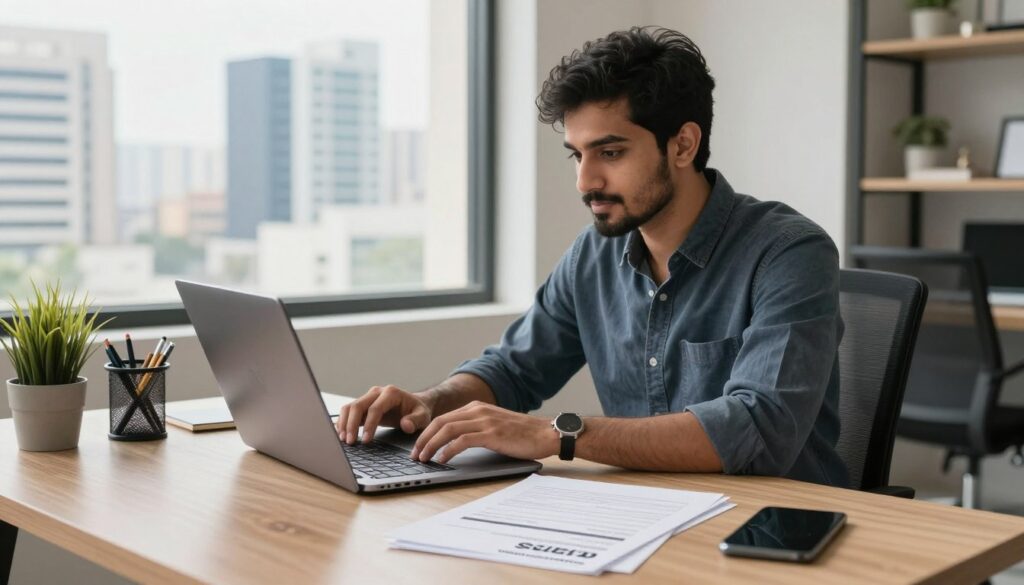 Freelancer working on laptop with PSEB registration documents in Karachi home office