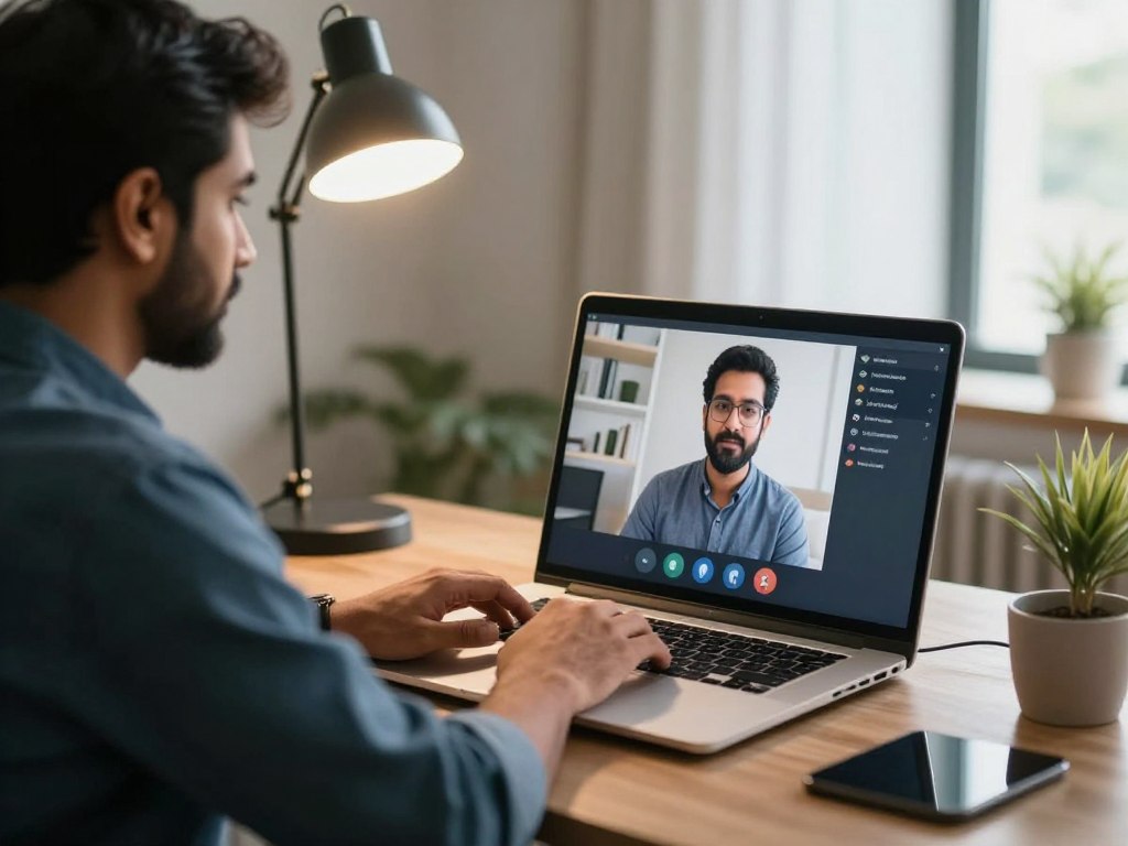 IT freelancer working on laptop with international client video call displaying Pakistan to USA connection