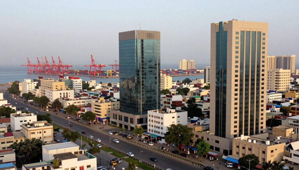 Karachi business district showing port, corporate towers and commercial activity representing economic diversity