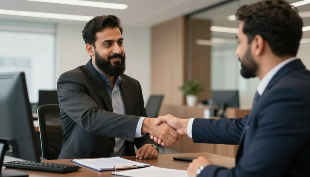Professional handshake sealing legal service engagement