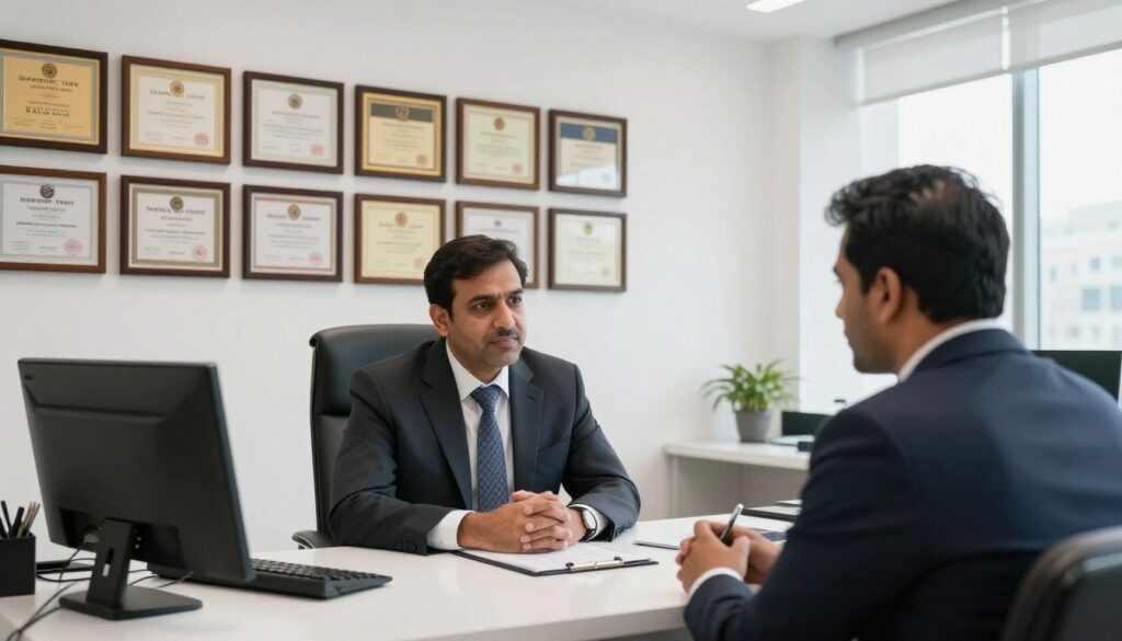 Professional lawyer in Karachi office consulting with business client