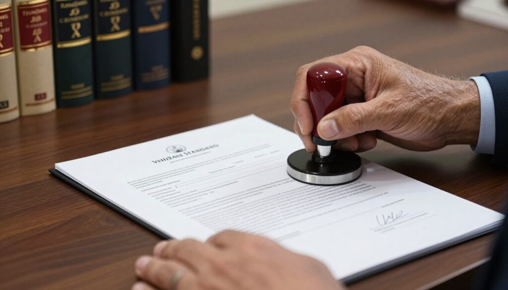 Professional lawyer reviewing legal documents with official stamp representing Vehdani Standard
