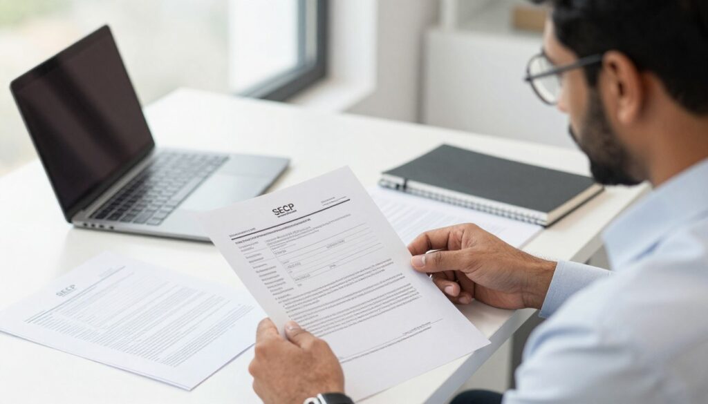 Professional showing step-by-step company registration process documents for SECP registration