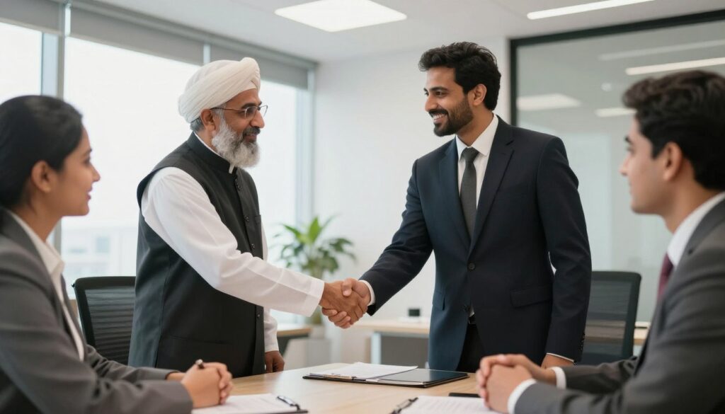 Satisfied business clients shaking hands with lawyer after successful case