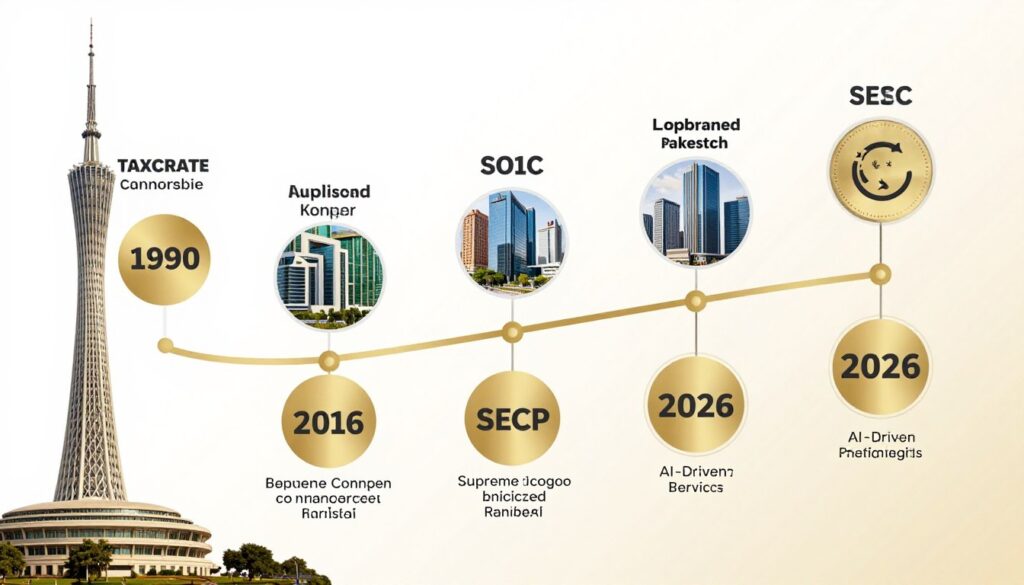 Timeline graphic showing evolution from 1990s partnership to 2026 digital tax services in Karachi
